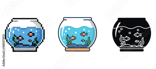 Pixel, outline, and solid goldfish bowl icons with plants and bubbles