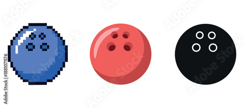 Three bowling balls illustration: pixelated blue, red, solid black on white background