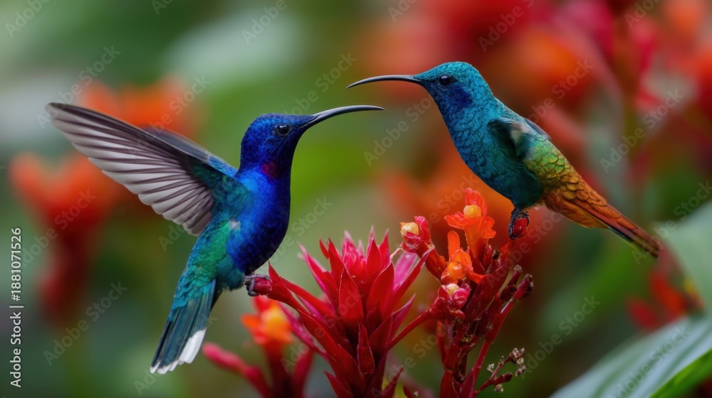 Obraz premium Vibrant hummingbirds amidst colorful blossoms in lush garden setting.