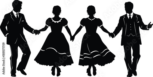 Elegant black silhouette of men and women in formal attire holding hands and dancing together for ballroom event celebration or vintage party