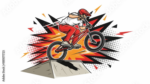 Bmx rider performing stunt on ramp illustration isolated on white