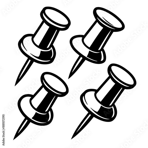 Four black pushpins with subtle shadows on a minimalist dark gray background, providing a clean, professional look for office and creative projects. This graphic is ideal for digital media, presentati