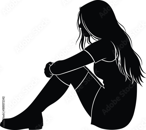 Sad lonely girl silhouette sitting on floor hugging knees, depressed woman feeling isolated, mental health concept illustration on white background, emotional solitude.