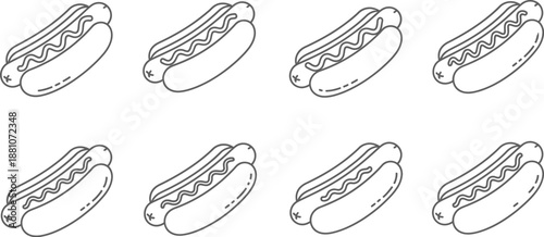 Hot dogs in buns with condiment lines forming a repeating eight-item pattern.