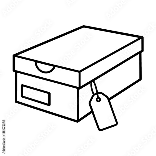 Minimalist Shoebox with Price Tag Vector Icon - Simple Black Line Art Illustration for Footwear Retail, E-commerce Packaging, and Shoe Store Branding