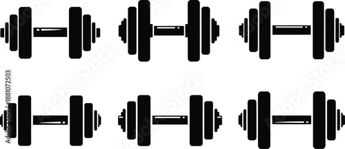 Six black dumbbell silhouettes represent strength training.