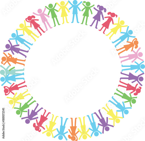 Colorful, diverse children circle holding hands together, forming a round frame for unity, inclusion, friendship, community, and education for happy multicultural kids