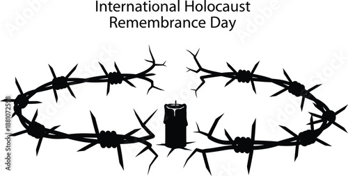Barbed wire circle frames a single candle for Holocaust Remembrance Day.