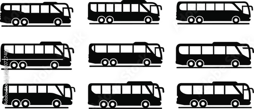 Set of nine different coach bus side view silhouettes for travel.