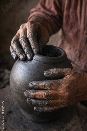 artesano haciendo vasija de barro negro 