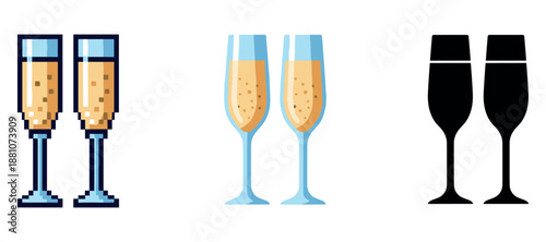 Pixel art color and silhouette champagne flutes trio