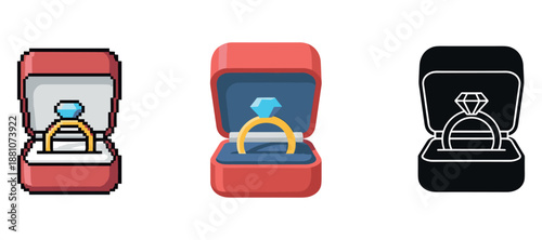 Pixel, flat, and outline styles of engagement rings in velvet boxes