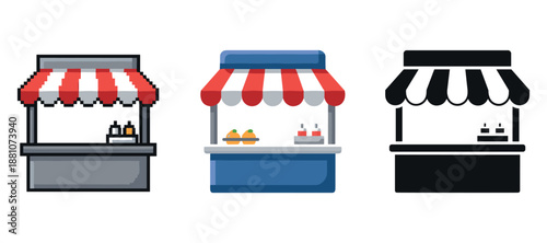 Set of market stalls with striped awnings and products