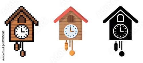 Trio of cuckoo clocks: pixel art, flat design, silhouette variations