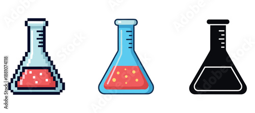 Pixel art and iconic laboratory flasks filled with red liquid