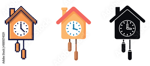 Cuckoo clock illustrations: pixel, modern, and silhouette designs