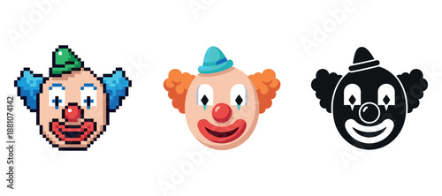 Pixelated and iconic clown faces in various artistic styles