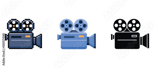 Set of three vintage movie projector icons in pixel, flat, and silhouette styles