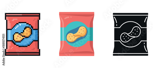 Assorted snack bags featuring peanut chips in pixel, cartoon, and silhouette styles