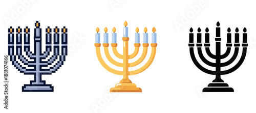 Three menorahs in pixel, gold, and silhouette style on white background