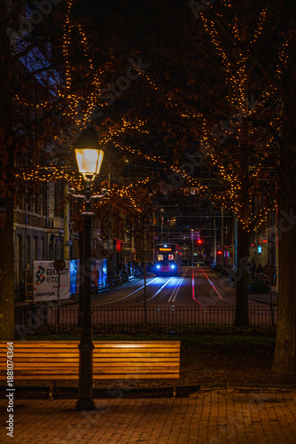 HTM tram approaching through trees with festive lights