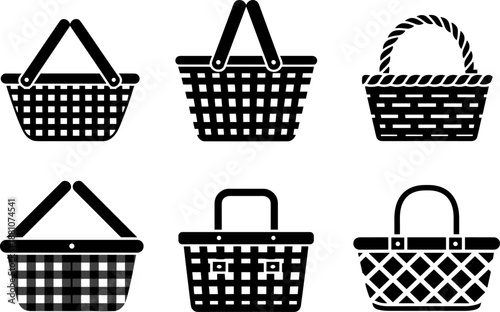 Collection of various picnic basket silhouettes and wicker market hamper icons in different styles and textures for retail food shopping and outdoor dining design