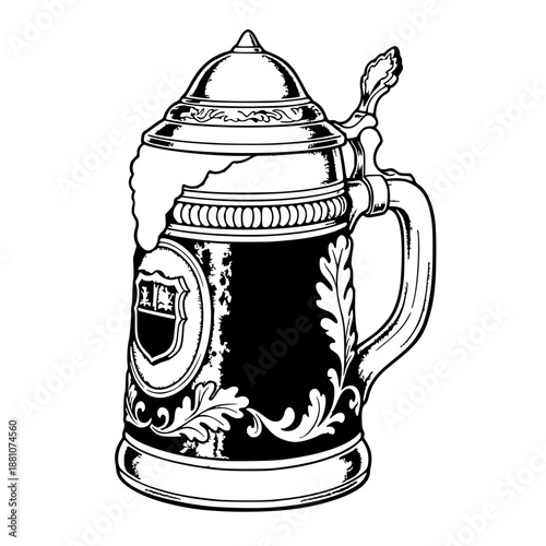 Картината върху платно Traditional Beer Stein with Foam – Black and White Line Art Illustration