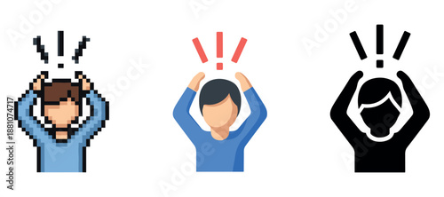 Pixel, flat, and silhouette shocked person icons with exclamation marks