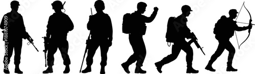 Military Soldier Silhouette Set Featuring Special Forces Infantry With Assault Rifles Sniper Gear Tactical Backpacks and Historical Archer Combatant Isolated on a White Background