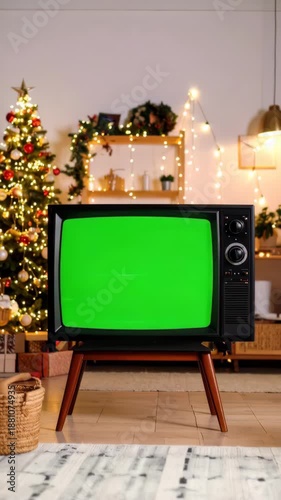 Vintage black television with green screen display in festive room with decorated Christmas tree and holiday lights, cozy domestic interior