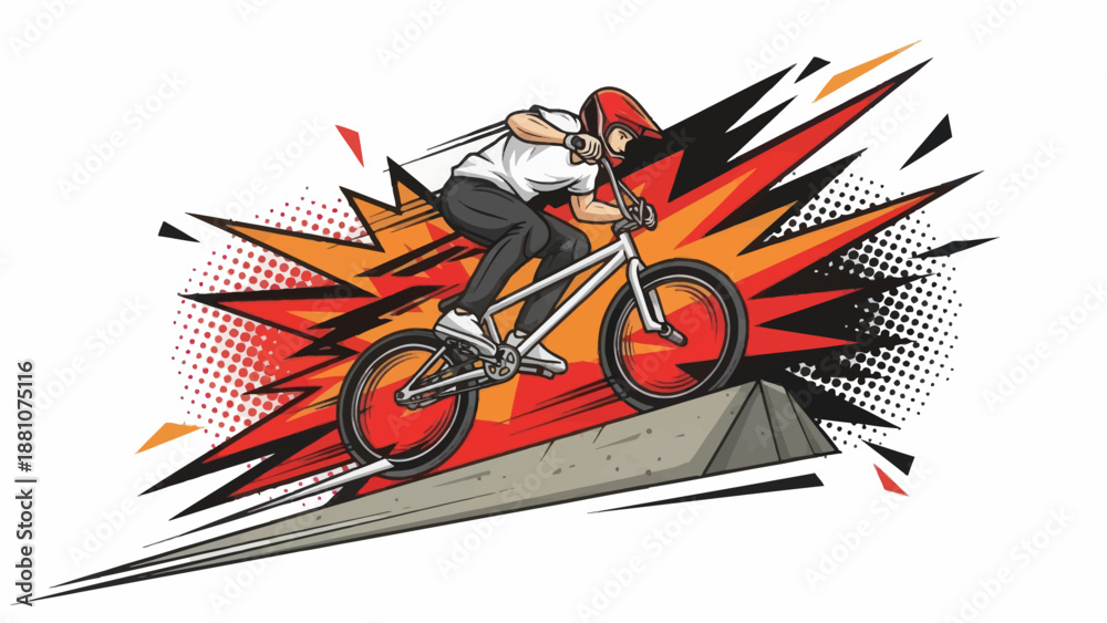 Fototapeta premium Bmx rider performing stunt with dynamic burst illustration on white
