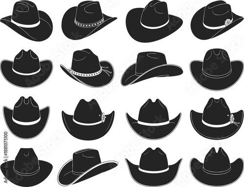 PSet of classic cowboy hat silhouettes and western headwear icons in various angles and styles for ranch rodeo country and wild west fashion design