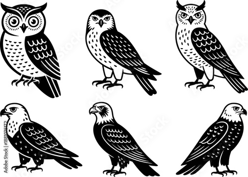 Set of professional bird of prey illustrations featuring owl hawk and eagle icons in a decorative black and white folk art stylet