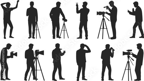 Professional Videographer and Camera Operator Silhouette Set Featuring Men With Video Cameras on Tripods and Handheld Equipment for Media Production and News Broadcasting Icons