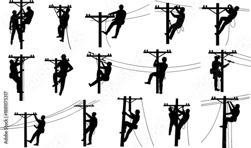 Set of professional electrician and lineman silhouettes working on high voltage utility power poles performing maintenance and repairs isolated on white background