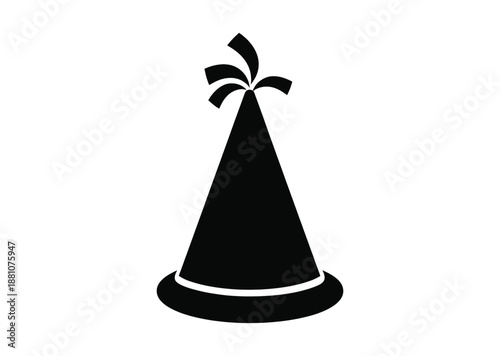 A black top hat with a white band and feather on a white background