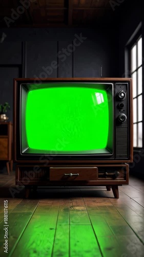 Vintage television set in a dark room with bright green screen for adding footage, wooden floor and mid-century furniture, interior design
