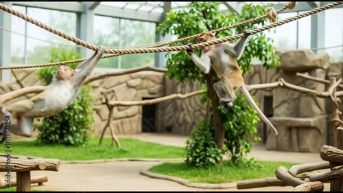 Live monkeys swinging on a rope in a zoo enclosure, playful behavior of primates. AI generated.
