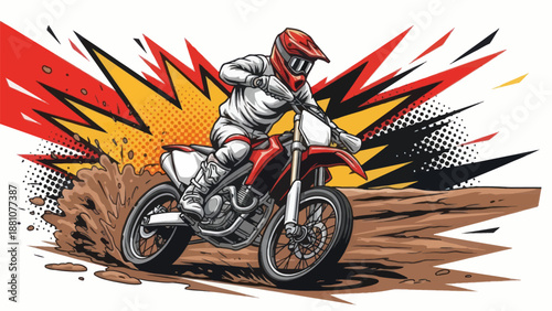 Motocross rider on motorcycle with explosive background vector illustration