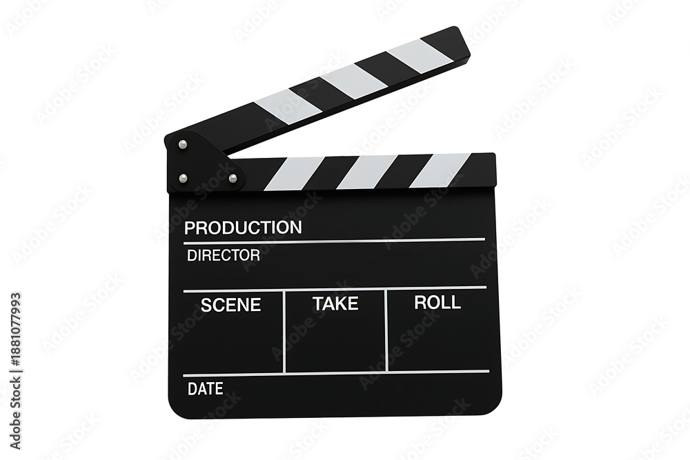 Obraz premium Open Film Slate with Striped Clapper and Text Fields for Scene, Take and Roll in Video Shooting