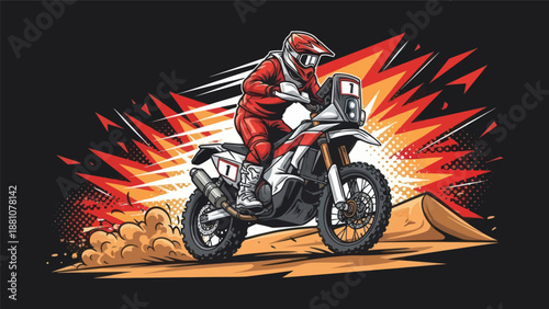 Motorcycle rider racing in a desert setting with dynamic composition