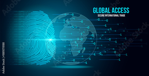 A glowing cyan biometric fingerprint integrates with a digital wireframe globe and streaming binary data. This high-tech visual represents secure global deals, international trade authentication, and 