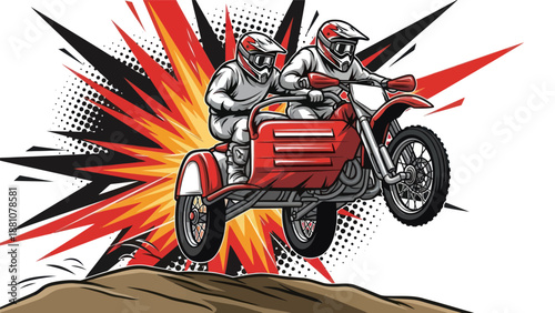 Motorcycle with sidecar jumping an obstacle graphic illustration