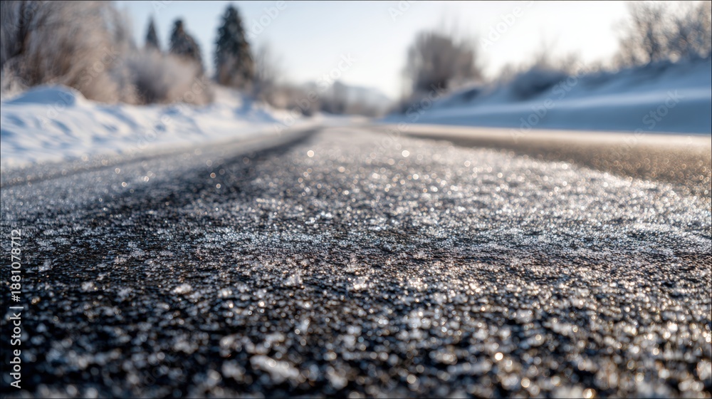 Naklejka premium Close-Up of Dry Road Surface Amidst Snowy Landscape with Textured Detail