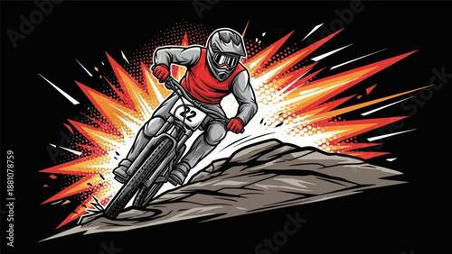 Mountain biker in action on rocky terrain with dynamic explosive background