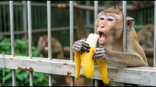 A curious monkey reaches for a banana from a visitor, a funny interaction at the zoo. AI generated.