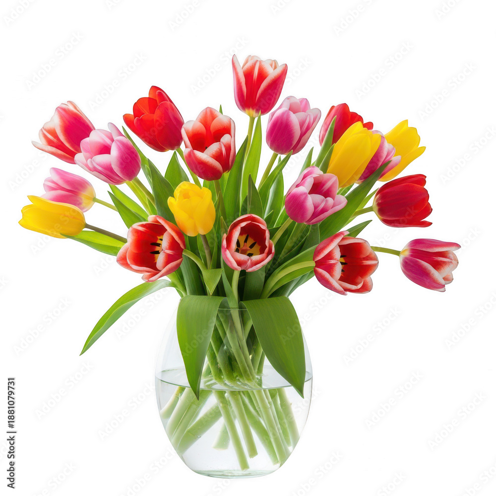 Obraz premium Vibrant tulip bouquet in clear vase isolated on transparent background