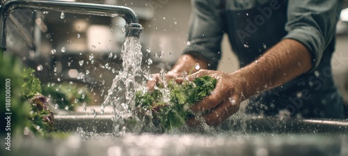 Kitchen Worker Rinsing Fresh Greens Under Running Water in Clean Sink