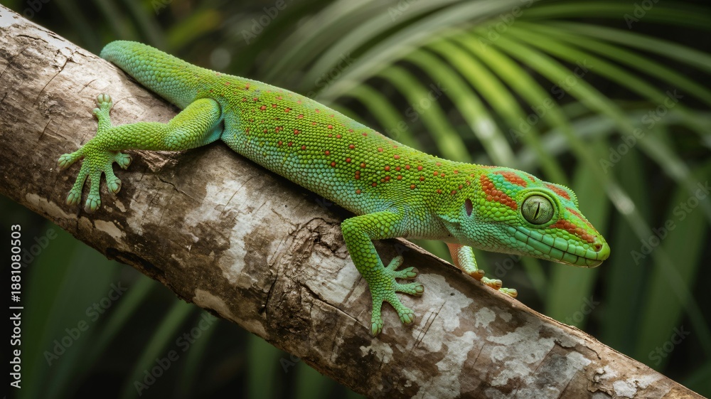 Fototapeta premium Green gecko on branch in vibrant tropical foliage with natural lighting for wildlife photography