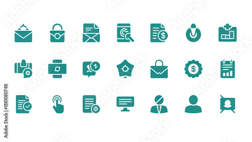 Set of various green icons depicting financial communication and interface elements